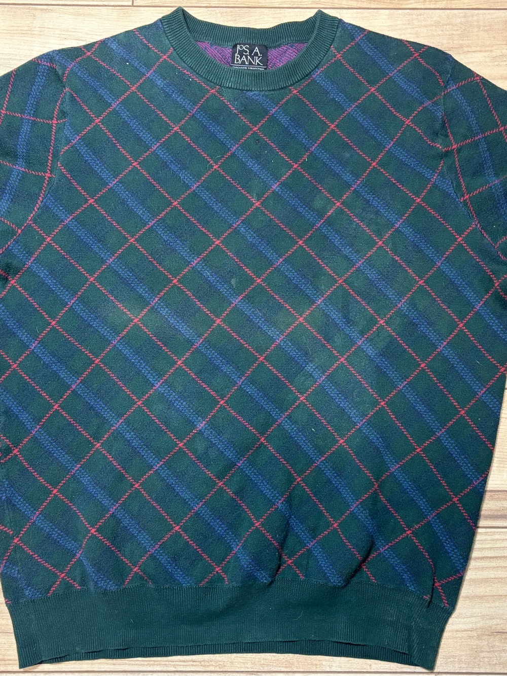 Jos. A. Bank Dark Green Argyle Crewneck Sweater with Blue and Red Accents